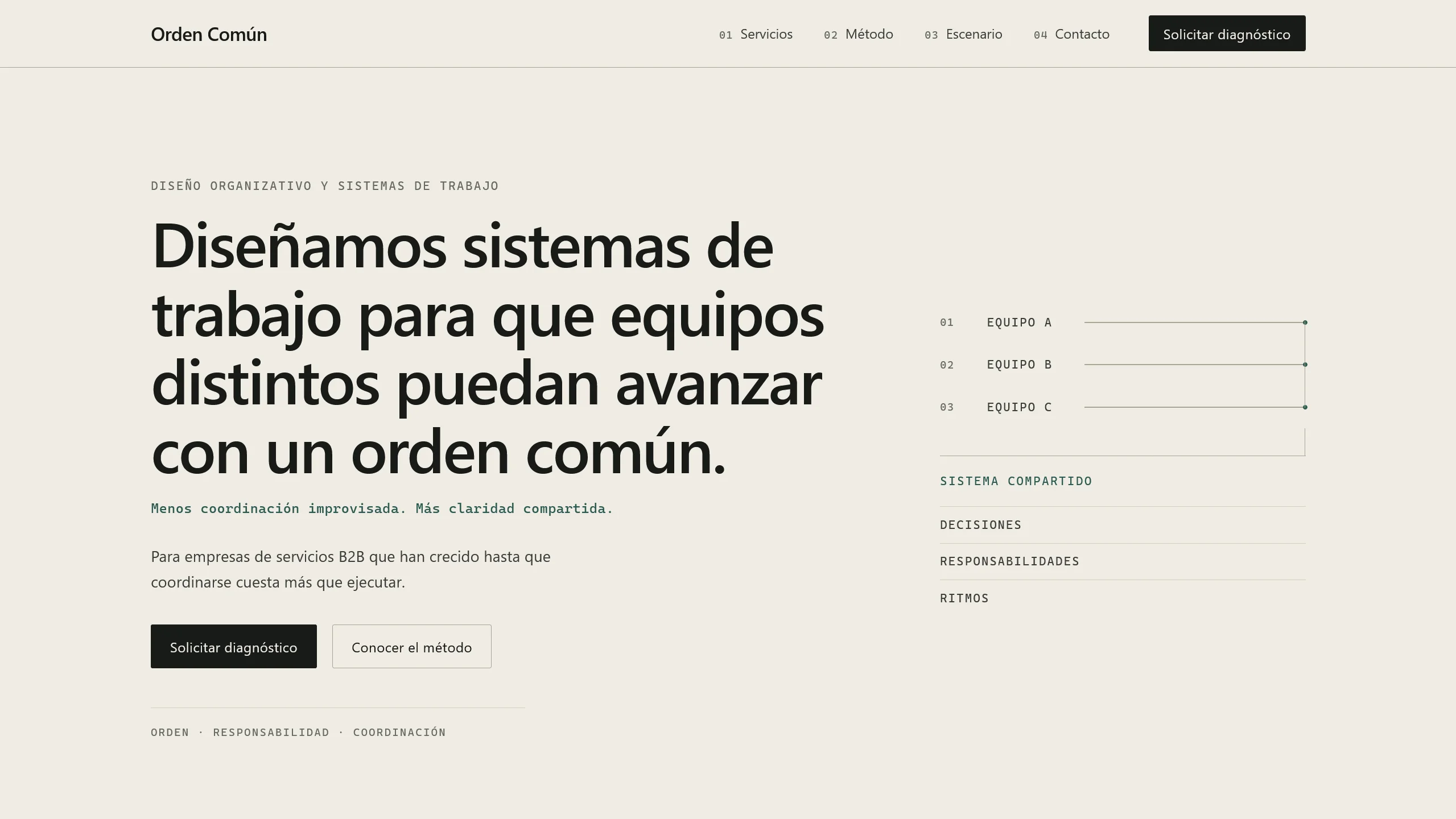 Homepage of the fictional corporate concept Orden Común.