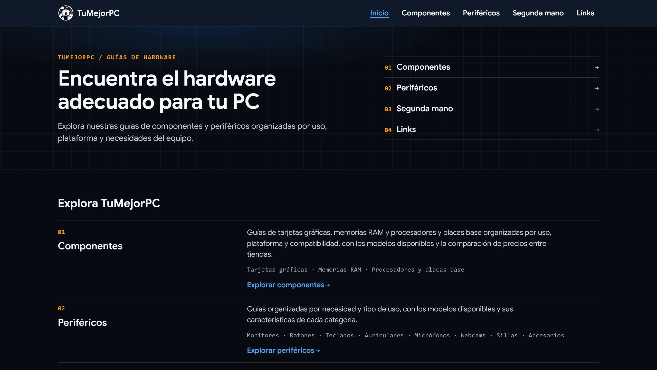 Homepage of TuMejorPC, a technology website with hardware and peripheral guides.